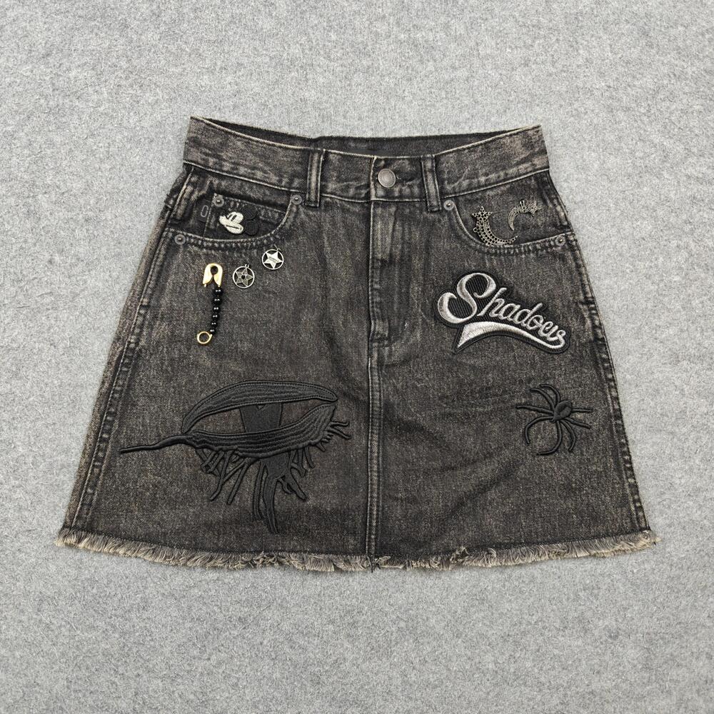 Marc Jacobs Skirt Womens 25 Gray Embroidered Fringe Denim Logo Pockets